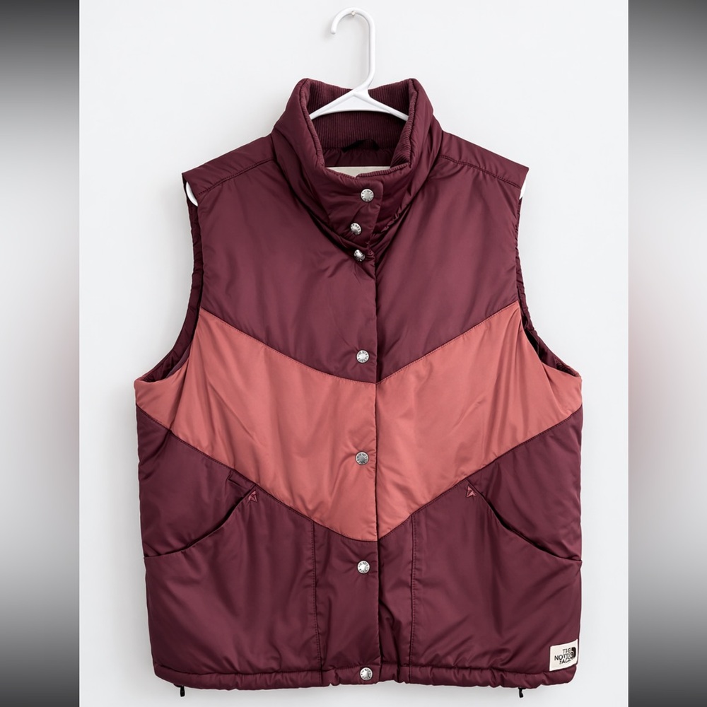 The North Face Colorblock Puffer Vest Burgundy Snap Front Women’s XL